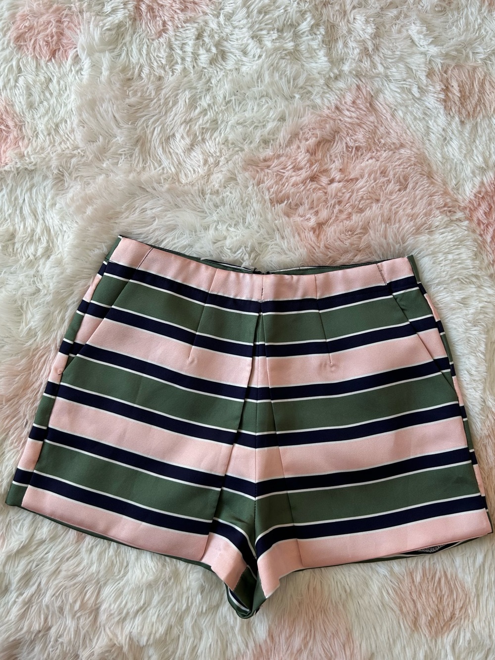English Factory High-Waist Striped Shorts in Pink, Olive & Navy